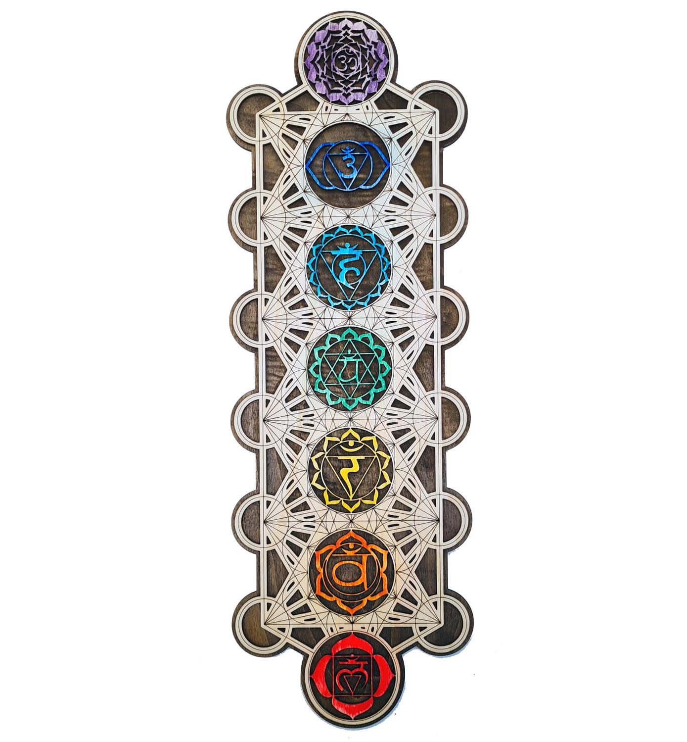 7 Chakra Metatron Geometrie Wanddeko aus Holz ca. 55cm x 19cm