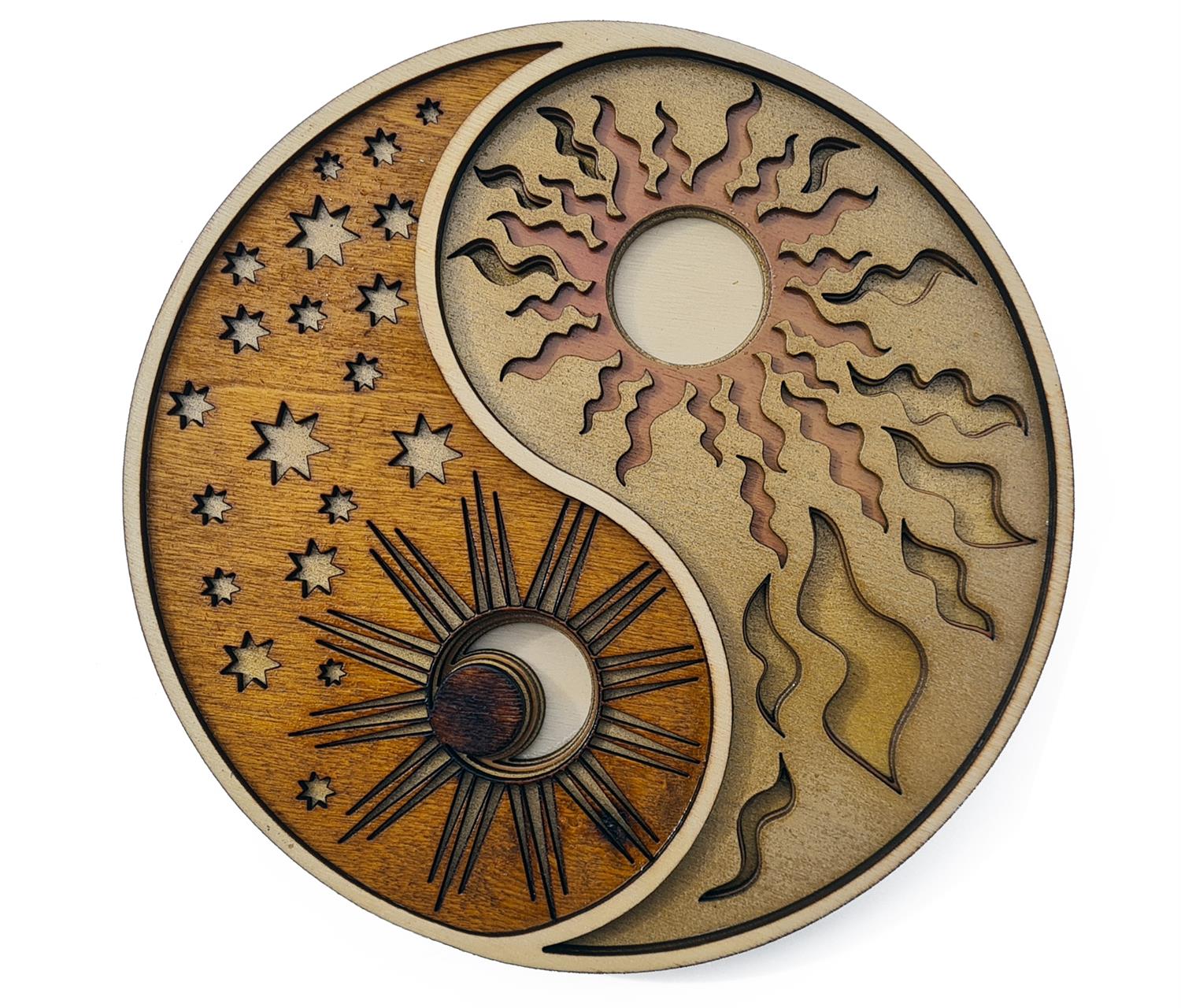 Dekoration Yin-Yang mit Mond- und Sonne-Motiv aus 5 Schichten Sperrholz 19cm