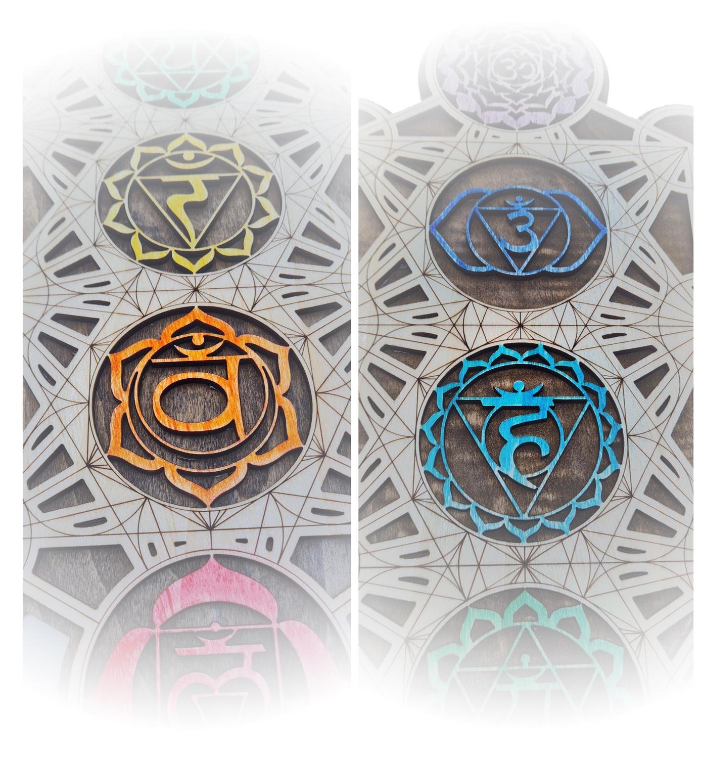 7 Chakra Metatron Geometrie Wanddeko aus Holz ca. 40cm x 13cm