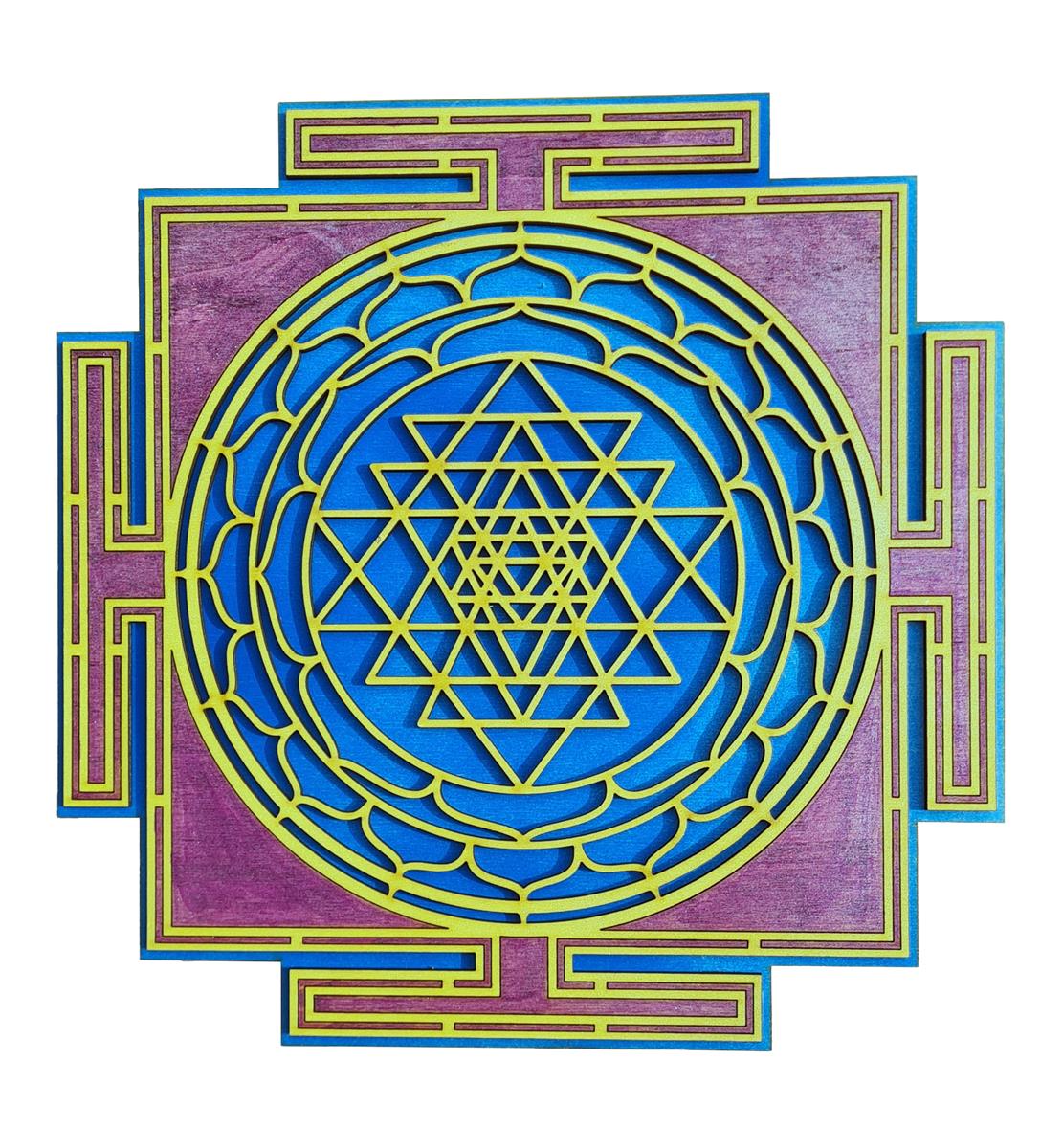 Mystisches Sri Yantra Labyrinth Holz Wanddekor mit blauen Hintergrund 15cm